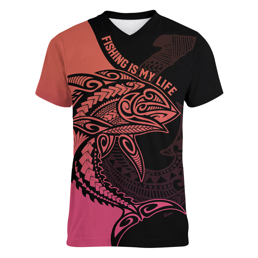 personalised-polynesia-fishing-women-v-neck-t-shirt-with-maori-hei-matau-fish-hook-pink-art