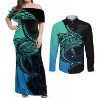 personalised-polynesia-fishing-couples-matching-off-shoulder-maxi-dress-and-long-sleeve-button-shirts-with-maori-hei-matau-fish-hook-turquoise-art