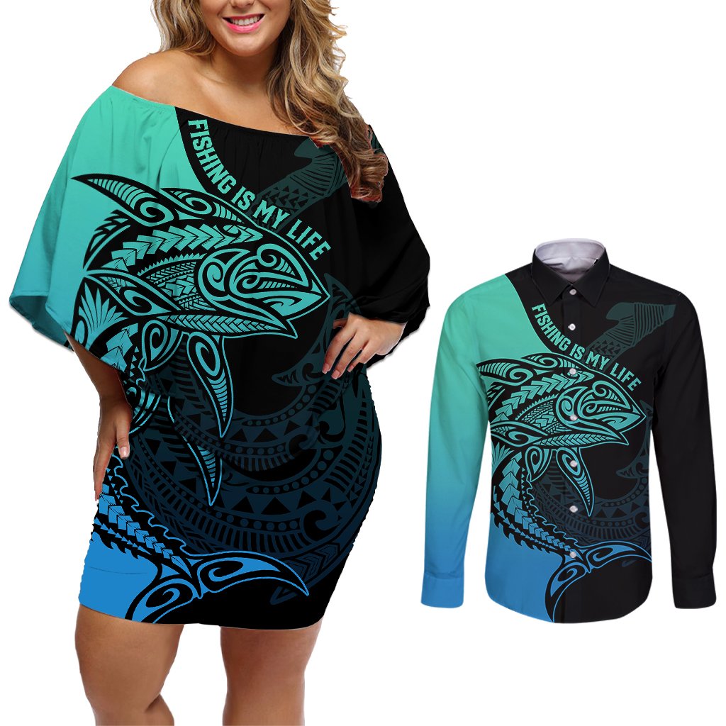 personalised-polynesia-fishing-couples-matching-off-shoulder-short-dress-and-long-sleeve-button-shirts-with-maori-hei-matau-fish-hook-turquoise-art