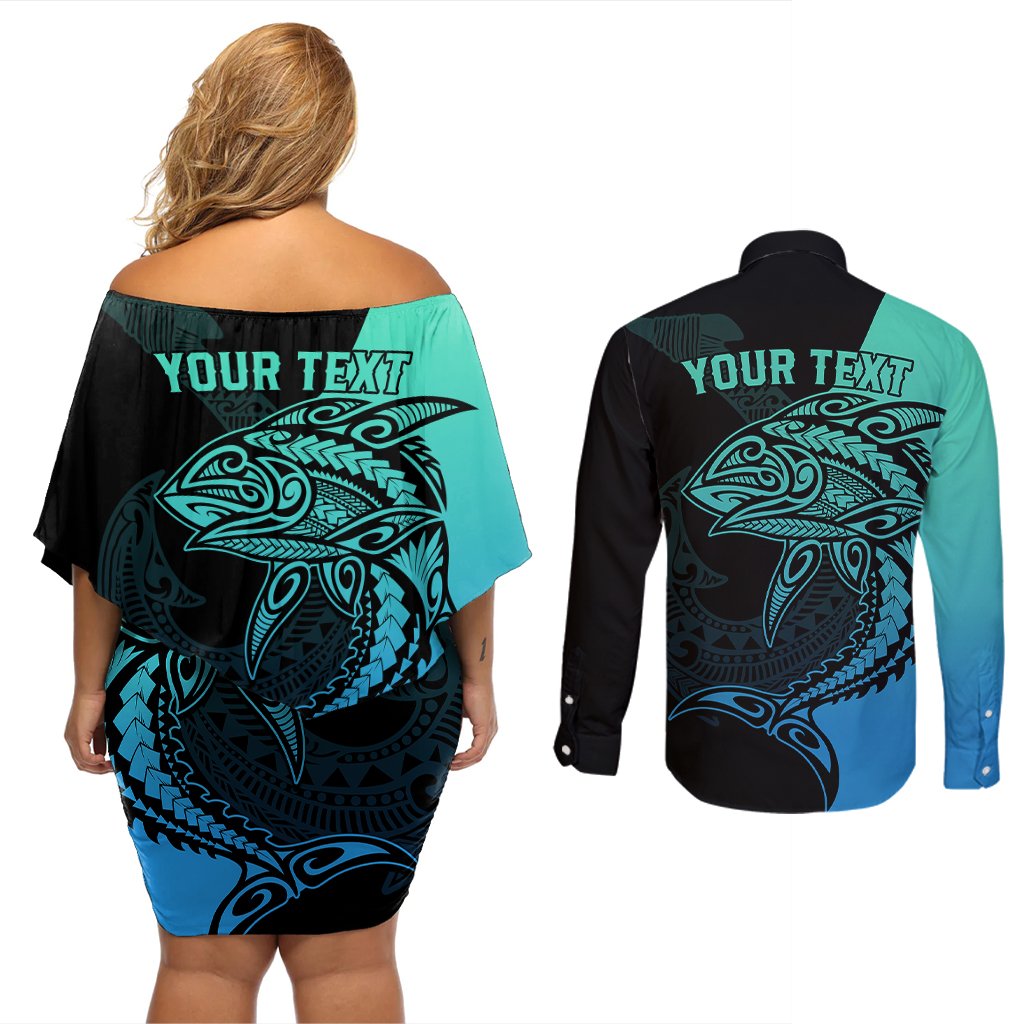 personalised-polynesia-fishing-couples-matching-off-shoulder-short-dress-and-long-sleeve-button-shirts-with-maori-hei-matau-fish-hook-turquoise-art
