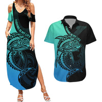 personalised-polynesia-fishing-couples-matching-summer-maxi-dress-and-hawaiian-shirt-with-maori-hei-matau-fish-hook-turquoise-art