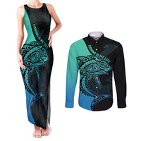 personalised-polynesia-fishing-couples-matching-tank-maxi-dress-and-long-sleeve-button-shirts-with-maori-hei-matau-fish-hook-turquoise-art