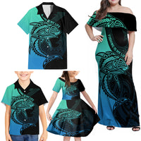 personalised-polynesia-fishing-family-matching-off-shoulder-maxi-dress-and-hawaiian-shirt-with-maori-hei-matau-fish-hook-turquoise-art