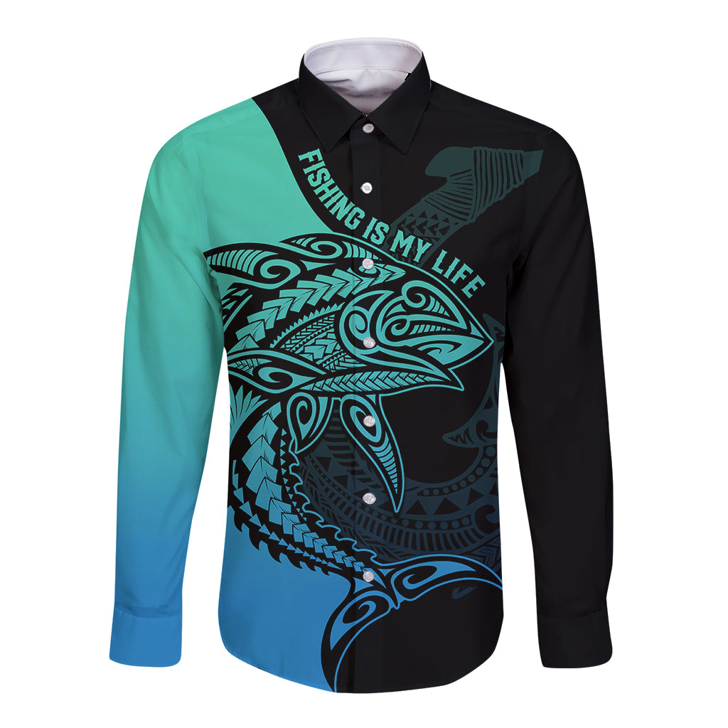 Personalised Polynesia Fishing Long Sleeve Button Shirt With Maori Hei Matau Fish Hook Turquoise Art LT9 Unisex Turquoise - Polynesian Pride