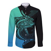 Personalised Polynesia Fishing Long Sleeve Button Shirt With Maori Hei Matau Fish Hook Turquoise Art LT9 Unisex Turquoise - Polynesian Pride