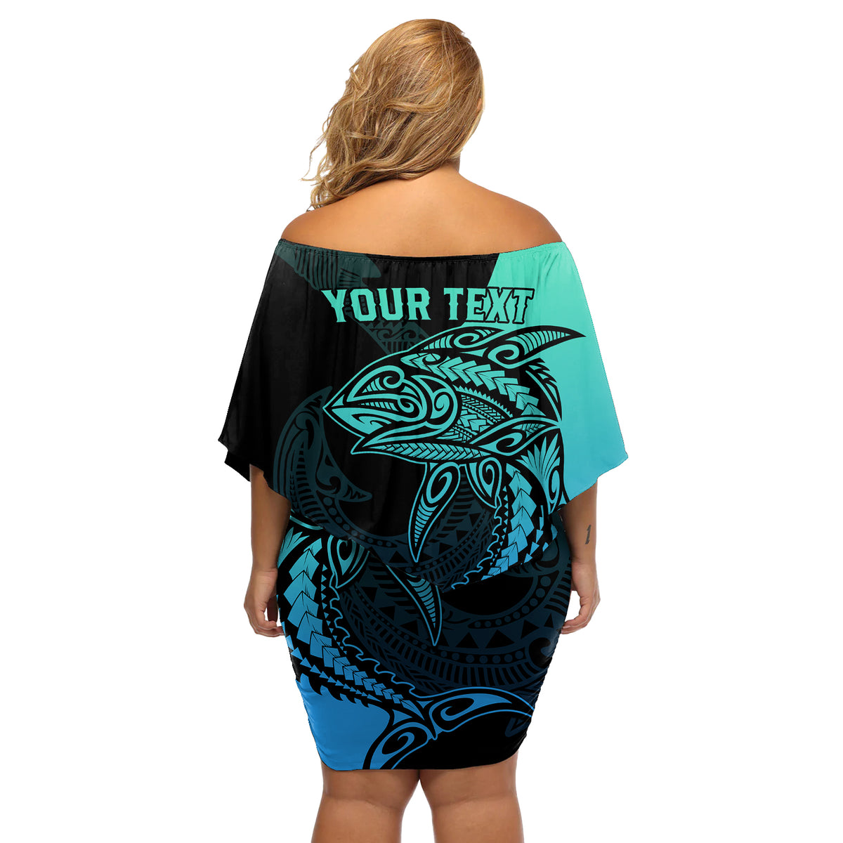 personalised-polynesia-fishing-off-shoulder-short-dress-with-maori-hei-matau-fish-hook-turquoise-art