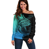 Personalised Polynesia Fishing Off Shoulder Sweater With Maori Hei Matau Fish Hook Turquoise Art LT9 Women Turquoise - Polynesian Pride