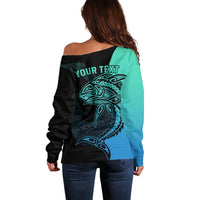 Personalised Polynesia Fishing Off Shoulder Sweater With Maori Hei Matau Fish Hook Turquoise Art LT9 - Polynesian Pride