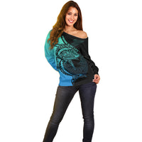 Personalised Polynesia Fishing Off Shoulder Sweater With Maori Hei Matau Fish Hook Turquoise Art LT9 - Polynesian Pride