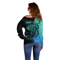 Personalised Polynesia Fishing Off Shoulder Sweater With Maori Hei Matau Fish Hook Turquoise Art LT9 - Polynesian Pride
