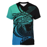 personalised-polynesia-fishing-women-v-neck-t-shirt-with-maori-hei-matau-fish-hook-turquoise-art