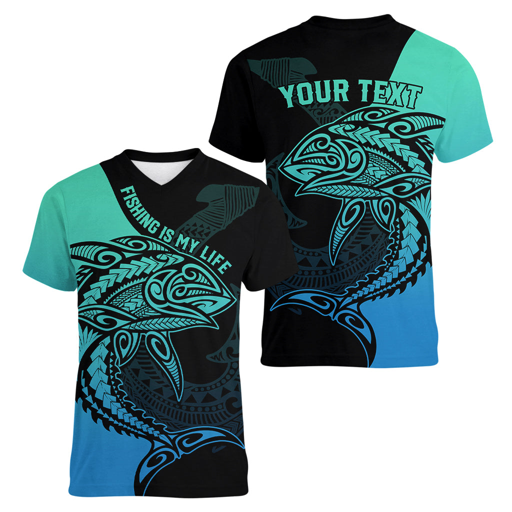 personalised-polynesia-fishing-women-v-neck-t-shirt-with-maori-hei-matau-fish-hook-turquoise-art
