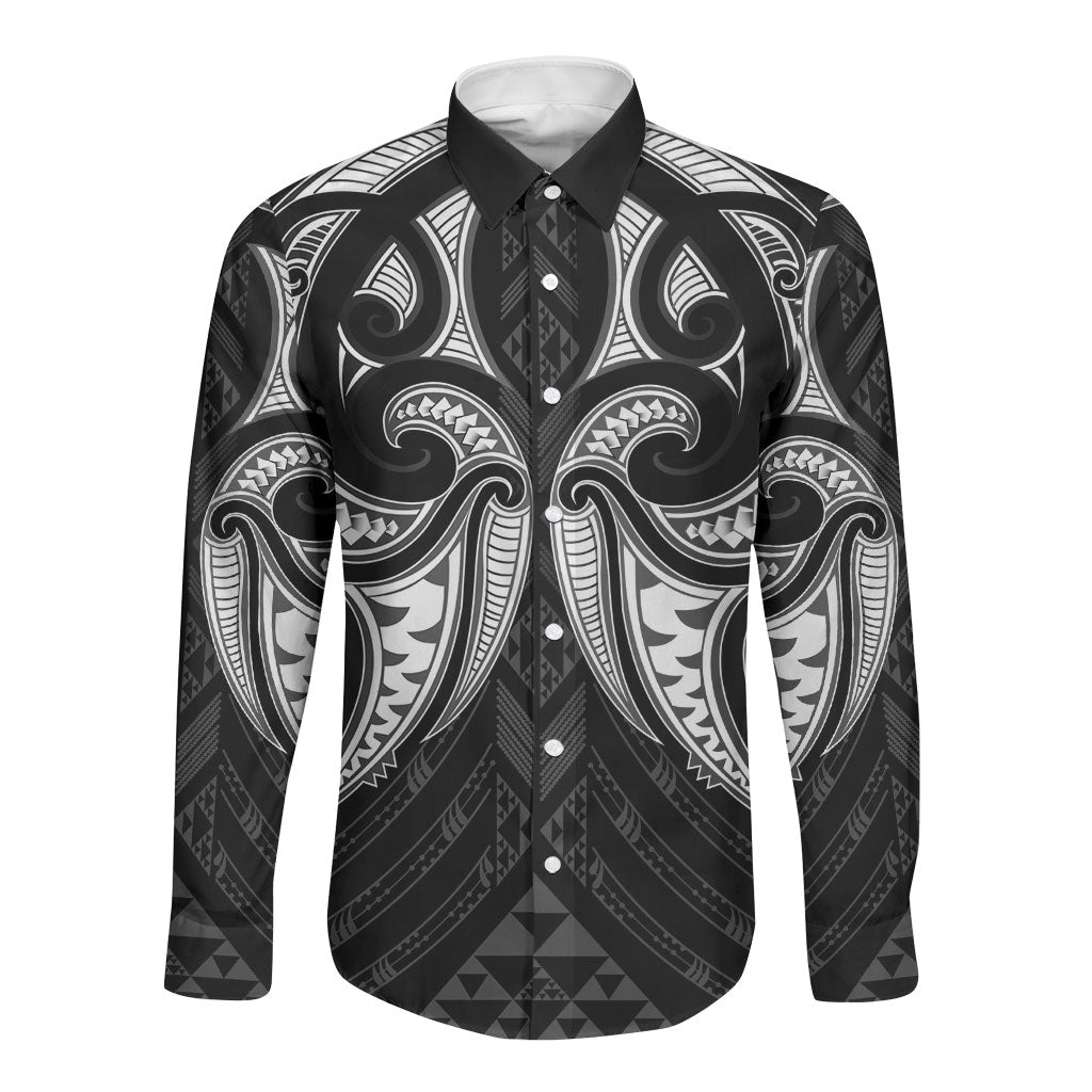 Maori Rugby Custom Ngaru Mangopare Long Sleeve Button Shirt Black Whetu Niho Taniwha Motif LT9 Unisex Black - Polynesian Pride