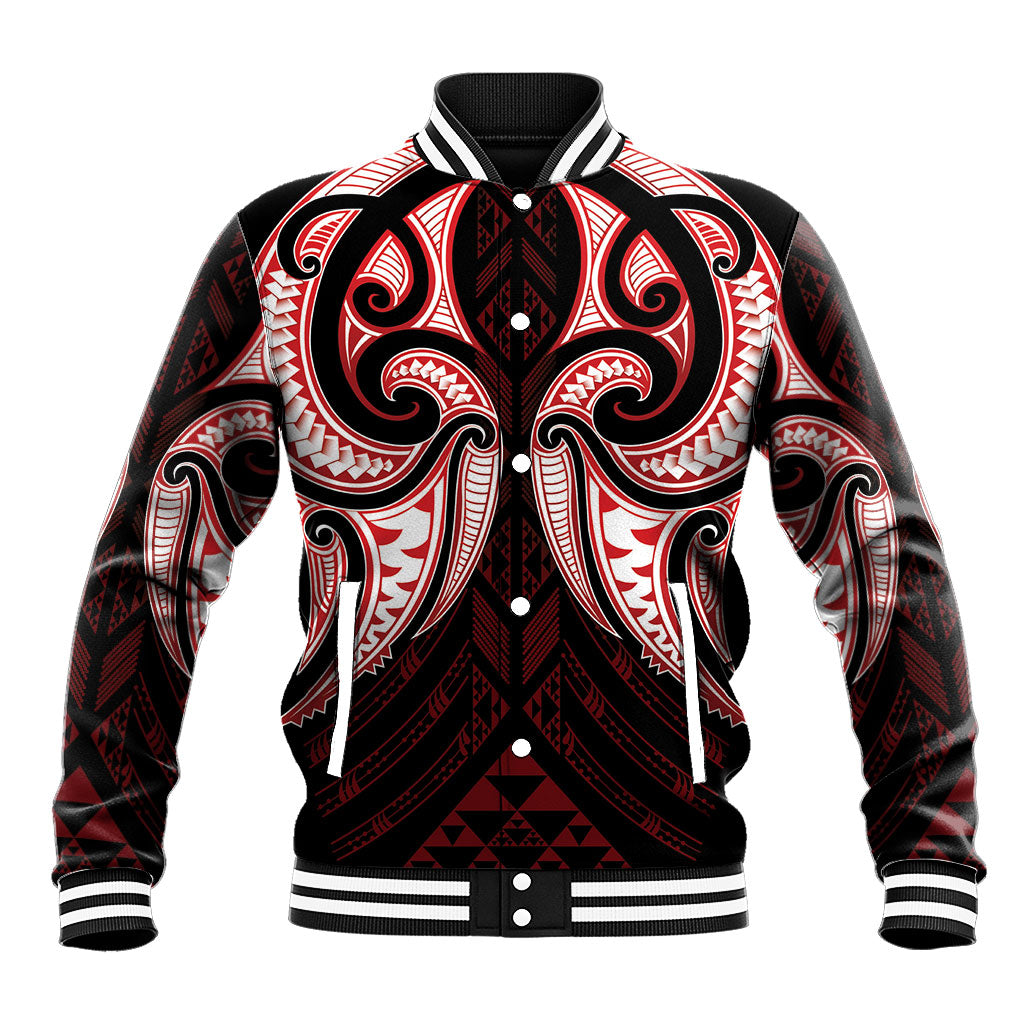 Maori Rugby Custom Ngaru Mangopare Baseball Jacket Black Red Whetu Niho Taniwha Motif LT9 Unisex Red - Polynesian Pride
