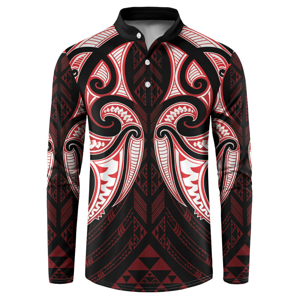 Maori Rugby Custom Ngaru Mangopare Button Sweatshirt Black Red Whetu Niho Taniwha Motif LT9 Red - Polynesian Pride