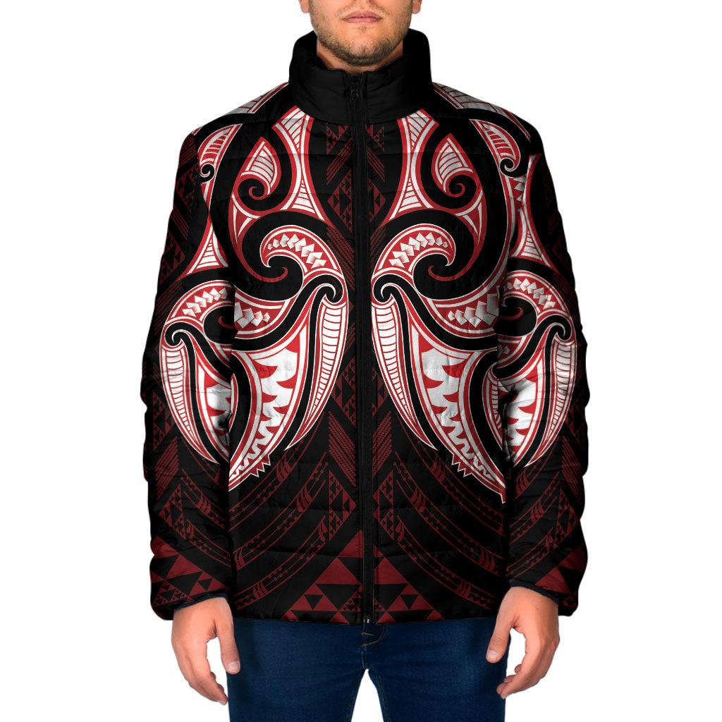 Maori Rugby Custom Ngaru Mangopare Padded Jacket Black Red Whetu Niho Taniwha Motif LT9 Men Red - Polynesian Pride