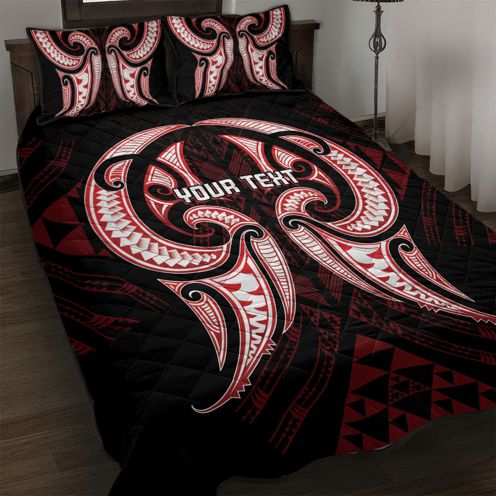 Maori Rugby Custom Ngaru Mangopare Quilt Bed Set Black Red Whetu Niho Taniwha Motif LT9 Red - Polynesian Pride