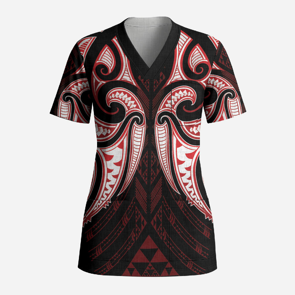 Maori Rugby Custom Ngaru Mangopare Scrub Top Black Red Whetu Niho Taniwha Motif LT9 Adult Red - Polynesian Pride