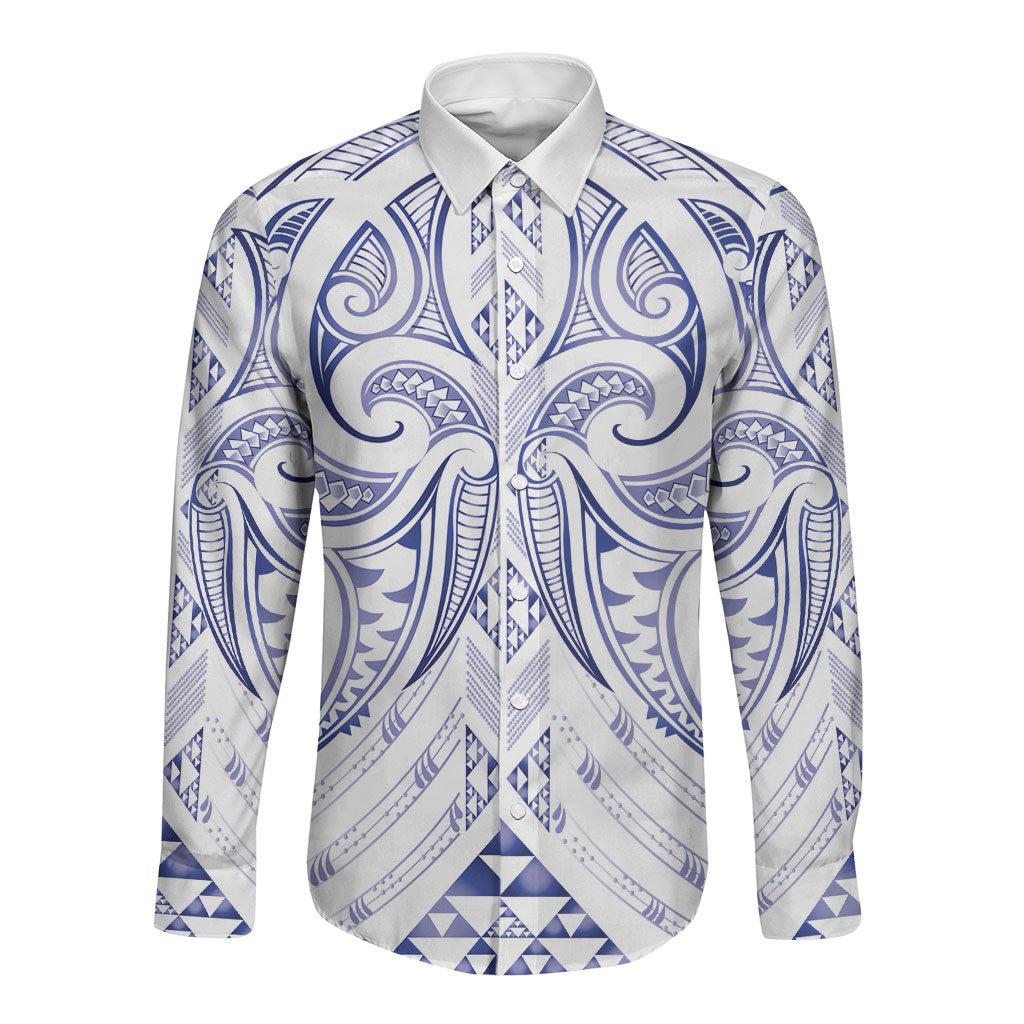 Maori Rugby Custom Ngaru Mangopare Long Sleeve Button Shirt Kikorangi Niho Taniwha Motif LT9 Unisex Blue - Polynesian Pride