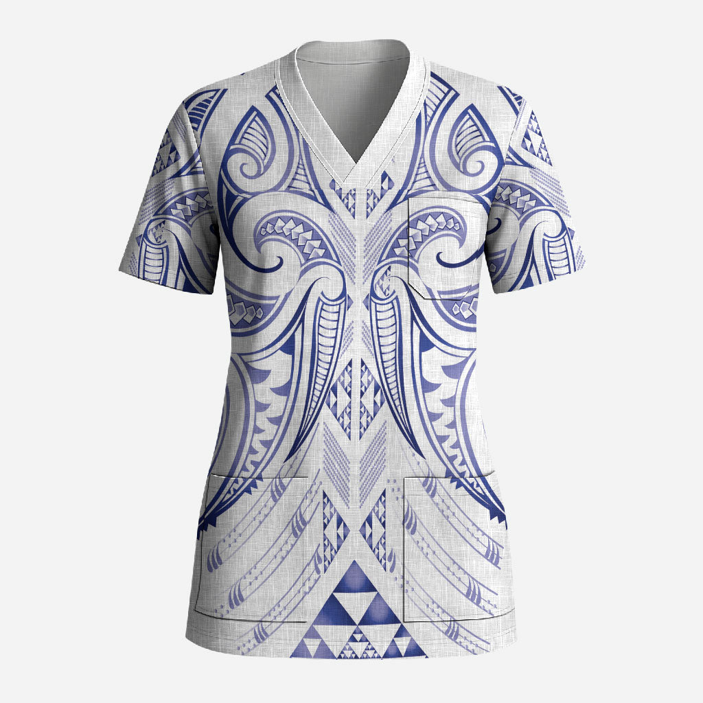 Maori Rugby Custom Ngaru Mangopare Scrub Top Kikorangi Niho Taniwha Motif LT9 Adult Blue - Polynesian Pride