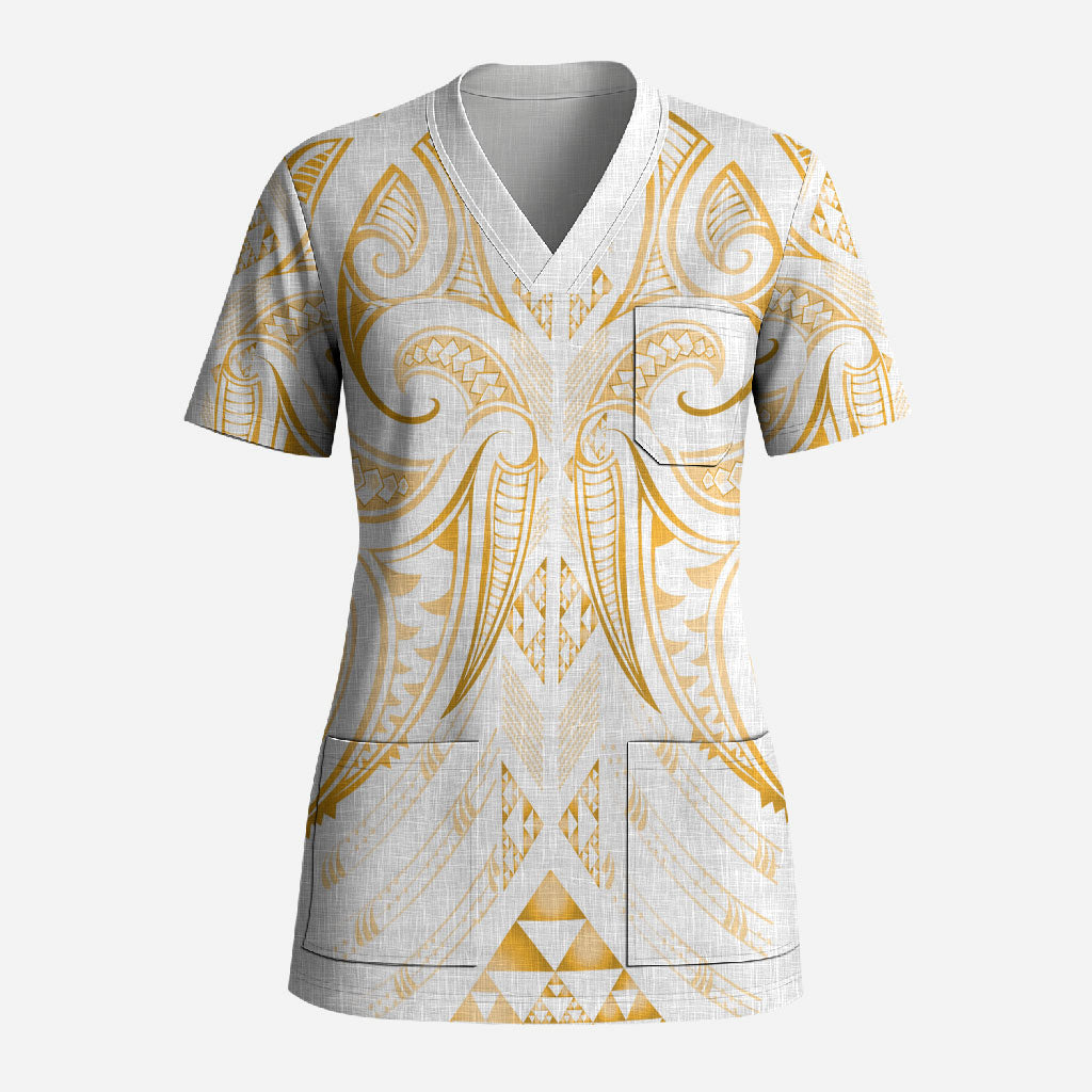 Maori Rugby Custom Ngaru Mangopare Scrub Top Koura Niho Taniwha Motif LT9 Adult Gold - Polynesian Pride