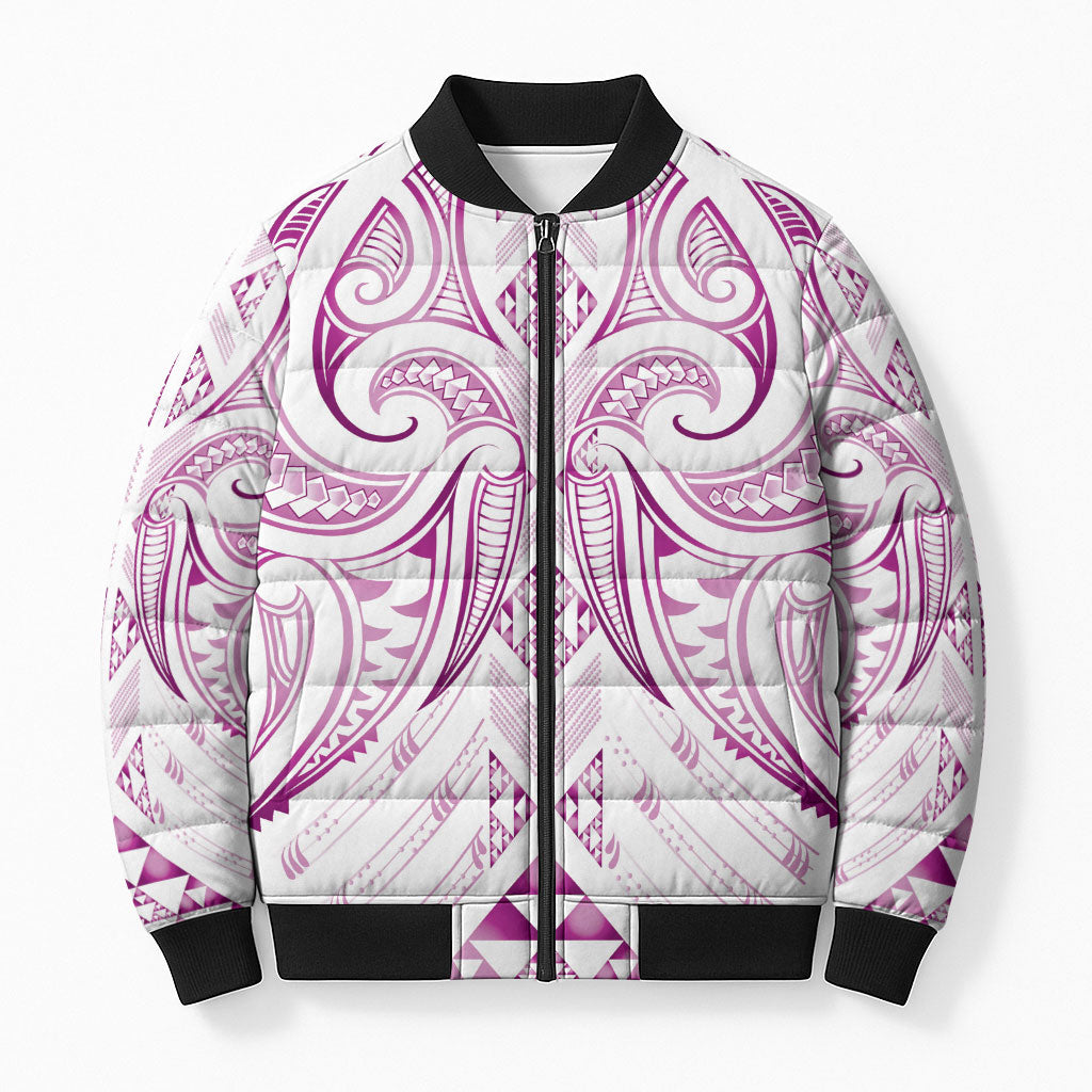 Maori Rugby Custom Ngaru Mangopare Bomber Puffer Jacket Mawhero Niho Taniwha Motif LT9 Unisex Pink - Polynesian Pride