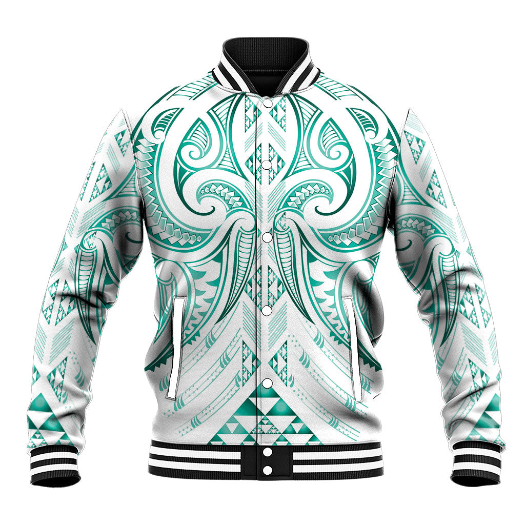 Maori Rugby Custom Ngaru Mangopare Baseball Jacket Karikiorangi Taniwha Motif LT9 Unisex Turquoise - Polynesian Pride