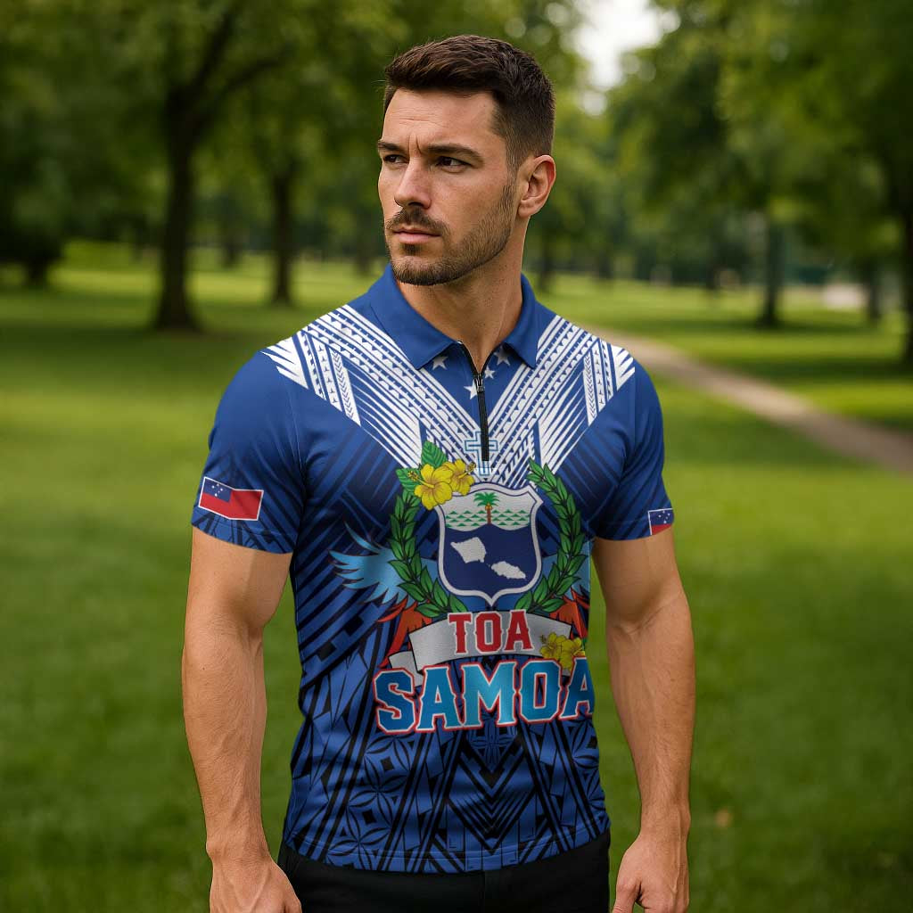 Custom Rugby Toa Samoa Zipper Polo Shirt Samoa mo Samoa Strength in Tatau - Polynesian Pride