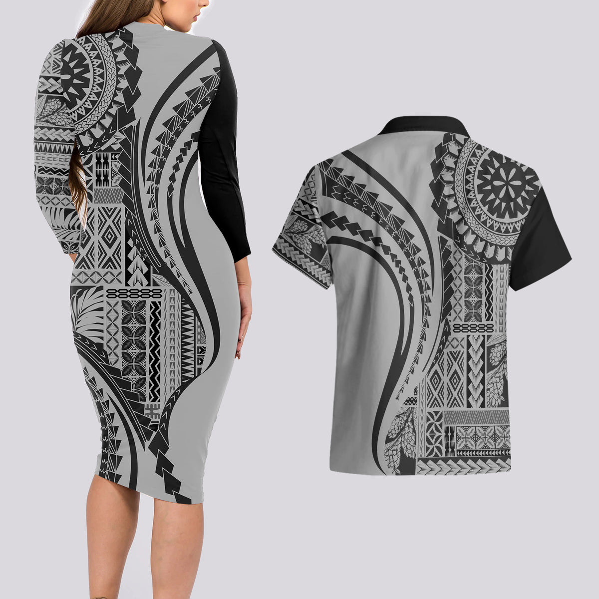Samoa Siapo Arty Couples Matching Long Sleeve Bodycon Dress and Hawaiian Shirt Black Style LT9 - Polynesian Pride
