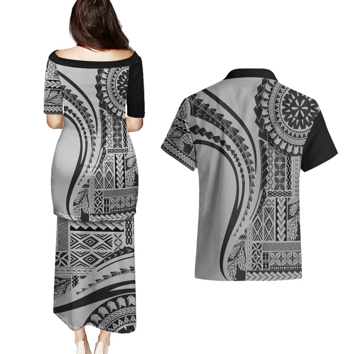 Samoa Siapo Arty Couples Matching Puletasi Dress and Hawaiian Shirt Black Style LT9 - Polynesian Pride