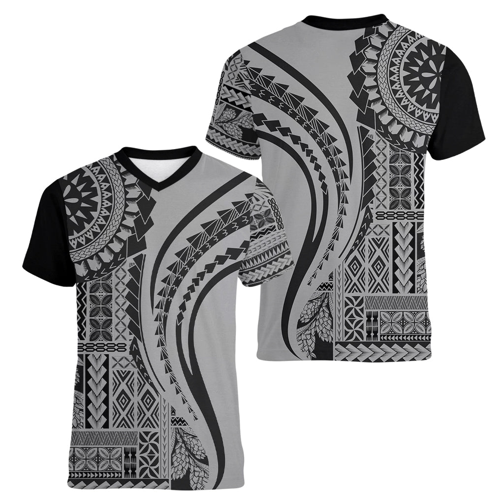Samoa Siapo Arty Women V Neck T Shirt Black Style LT9 - Polynesian Pride