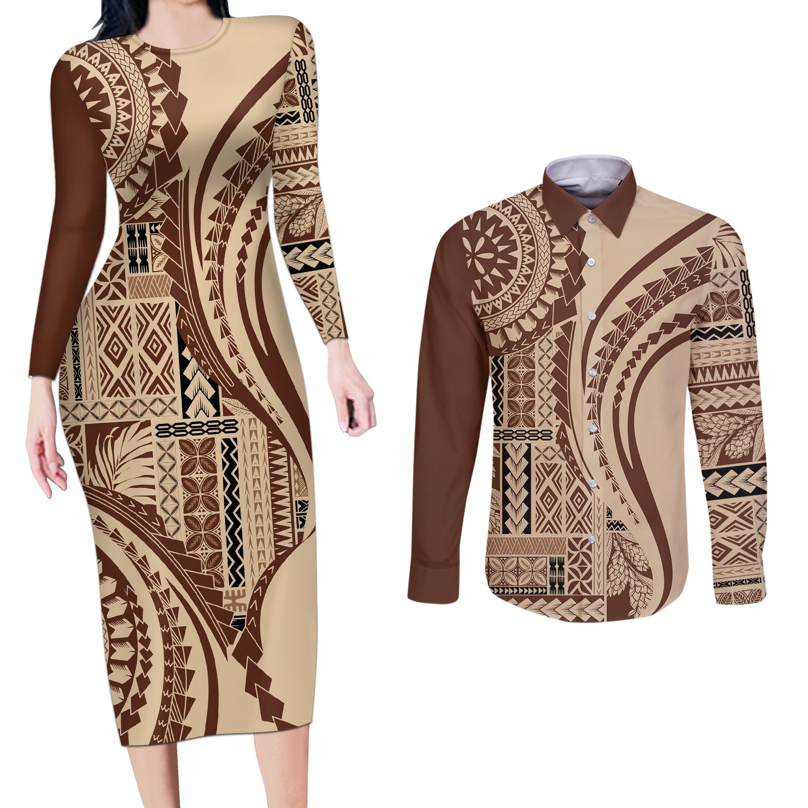 Samoa Siapo Arty Couples Matching Long Sleeve Bodycon Dress and Long Sleeve Button Shirt Brown Style LT9 Brown - Polynesian Pride