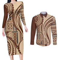 Samoa Siapo Arty Couples Matching Long Sleeve Bodycon Dress and Long Sleeve Button Shirt Brown Style LT9 Brown - Polynesian Pride