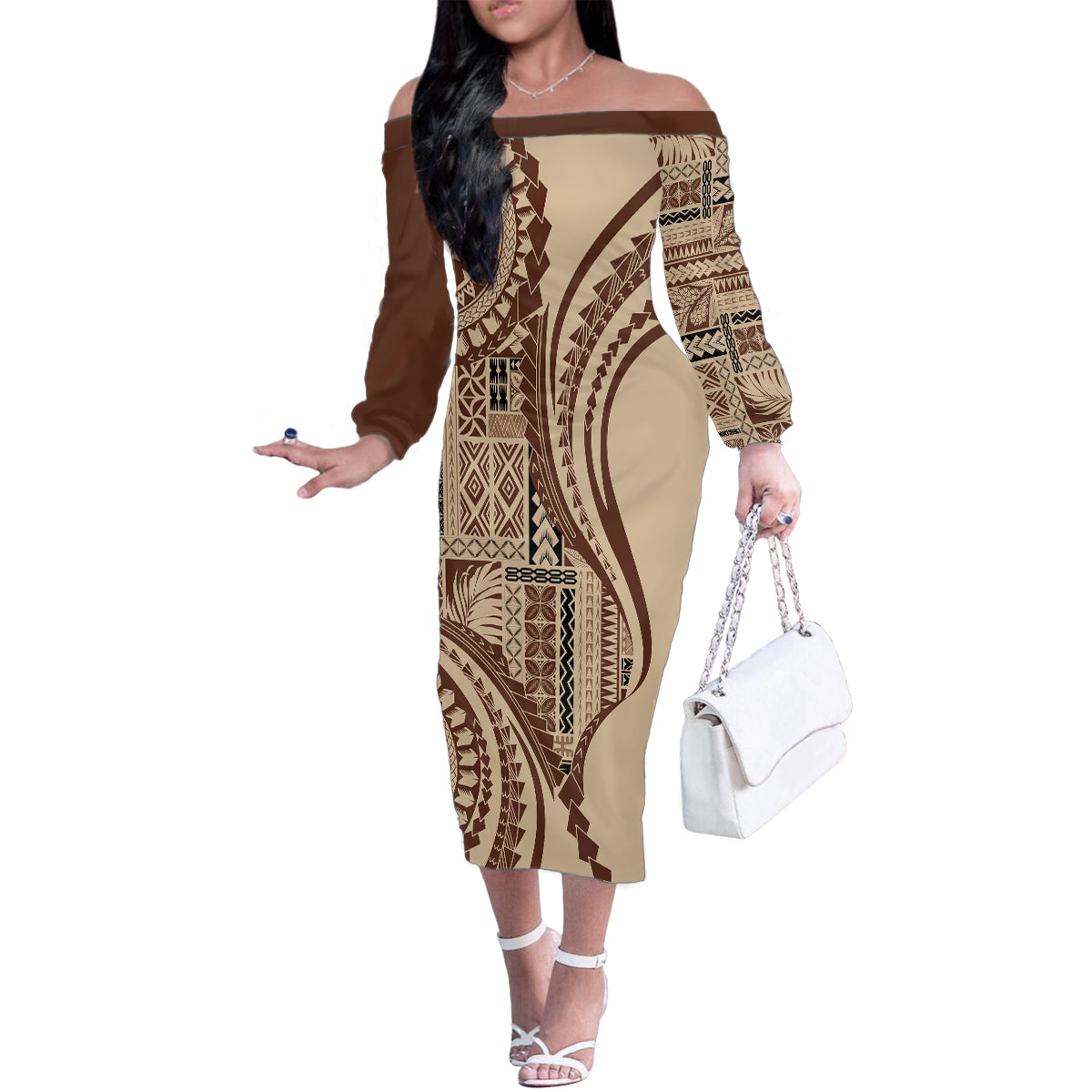 Samoa Siapo Arty Family Matching Off Shoulder Long Sleeve Dress and Hawaiian Shirt Brown Style LT9 Mom's Dress Brown - Polynesian Pride