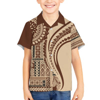 Samoa Siapo Arty Family Matching Off Shoulder Long Sleeve Dress and Hawaiian Shirt Brown Style LT9 Son's Shirt Brown - Polynesian Pride