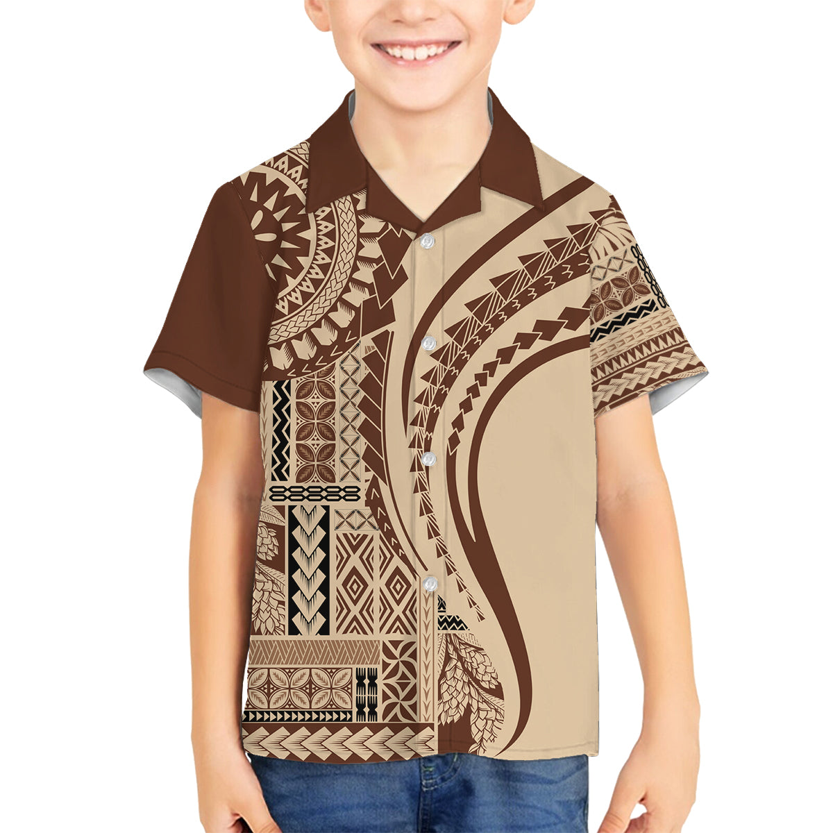 Samoa Siapo Arty Family Matching Off Shoulder Short Dress and Hawaiian Shirt Brown Style LT9 Son's Shirt Brown - Polynesian Pride