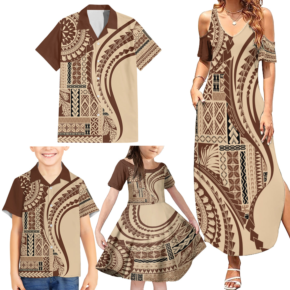 Samoa Siapo Arty Family Matching Summer Maxi Dress and Hawaiian Shirt Brown Style LT9 - Polynesian Pride