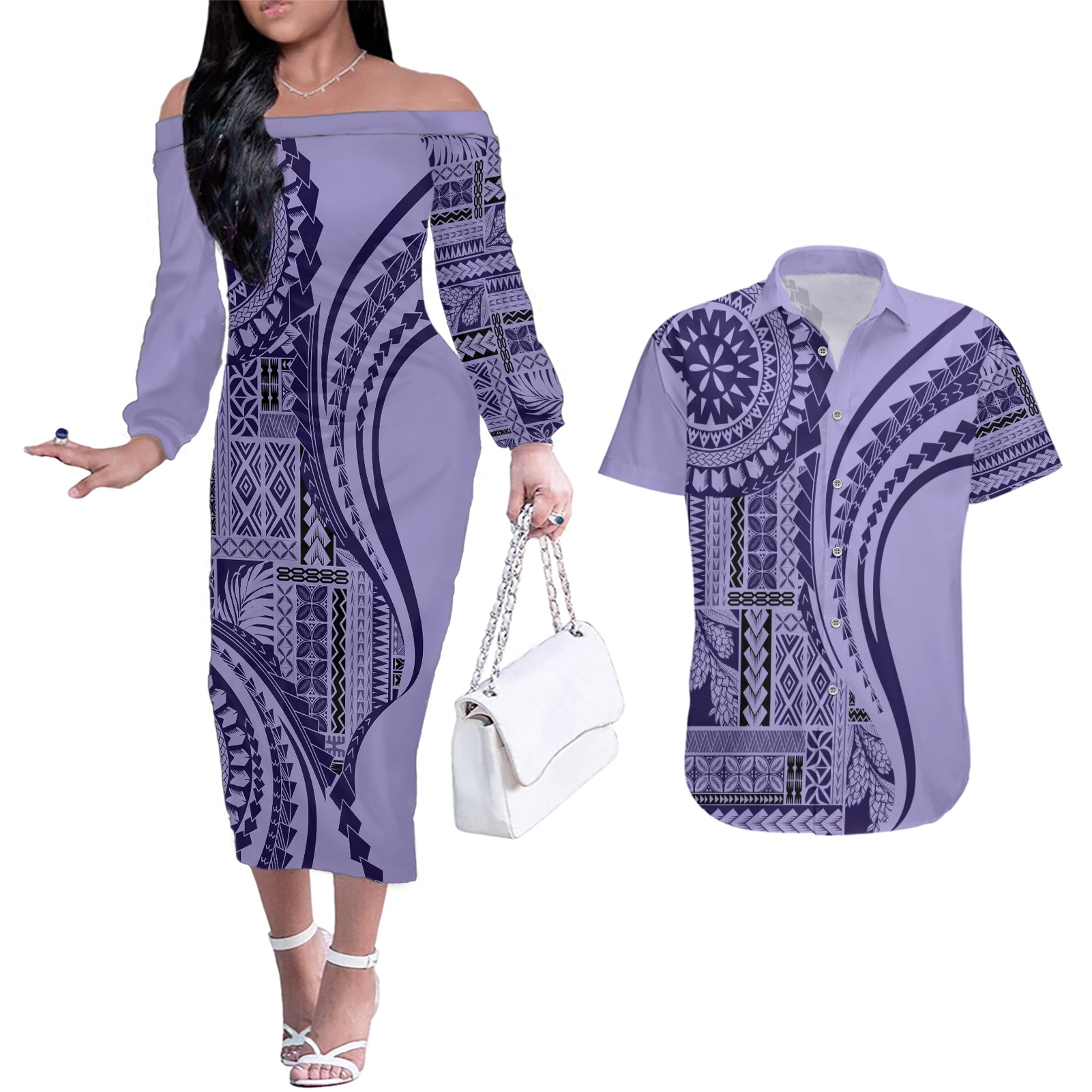 Samoa Siapo Arty Couples Matching Off The Shoulder Long Sleeve Dress and Hawaiian Shirt Purple Style LT9 Purple - Polynesian Pride