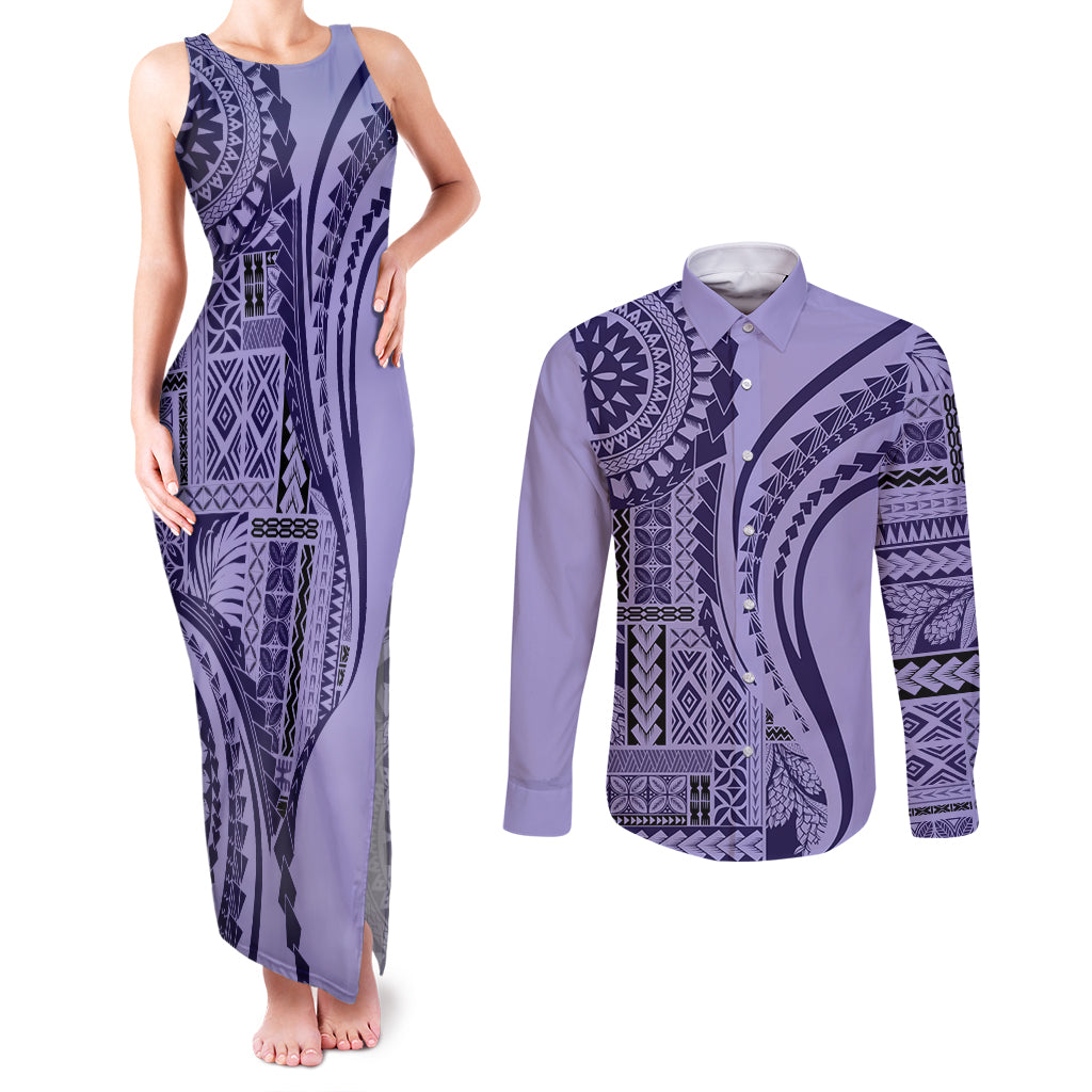 Samoa Siapo Arty Couples Matching Tank Maxi Dress and Long Sleeve Button Shirt Purple Style LT9 Purple - Polynesian Pride