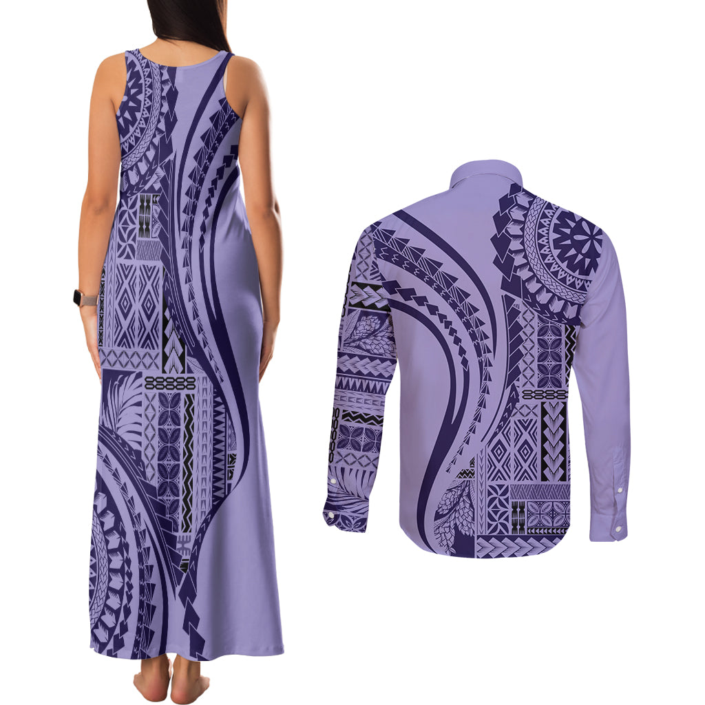 Samoa Siapo Arty Couples Matching Tank Maxi Dress and Long Sleeve Button Shirt Purple Style LT9 - Polynesian Pride