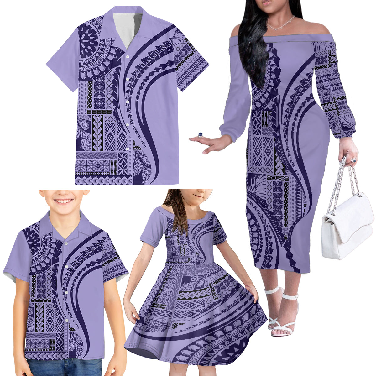 Samoa Siapo Arty Family Matching Off Shoulder Long Sleeve Dress and Hawaiian Shirt Purple Style LT9 - Polynesian Pride