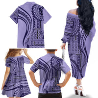 Samoa Siapo Arty Family Matching Off Shoulder Long Sleeve Dress and Hawaiian Shirt Purple Style LT9 - Polynesian Pride