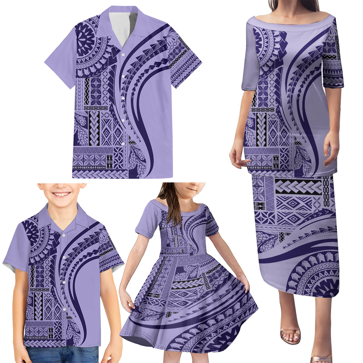 Samoa Siapo Arty Family Matching Puletasi Dress and Hawaiian Shirt Purple Style LT9 - Polynesian Pride