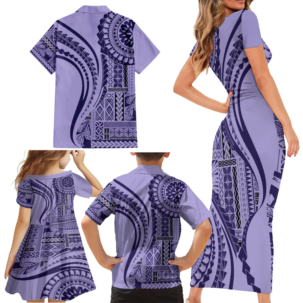 Samoa Siapo Arty Family Matching Short Sleeve Bodycon Dress and Hawaiian Shirt Purple Style LT9 - Polynesian Pride