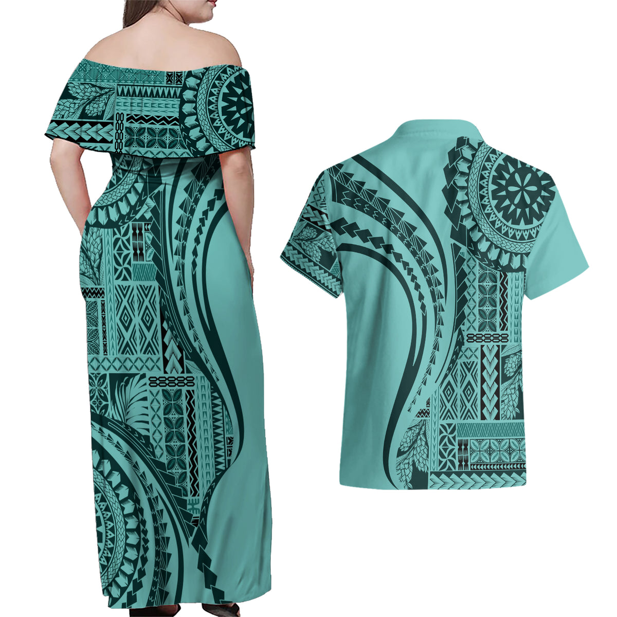 Samoa Siapo Arty Couples Matching Off Shoulder Maxi Dress and Hawaiian Shirt Turquoise Style LT9 - Polynesian Pride