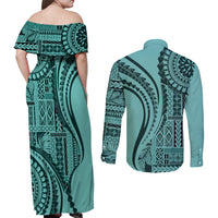 Samoa Siapo Arty Couples Matching Off Shoulder Maxi Dress and Long Sleeve Button Shirt Turquoise Style LT9 - Polynesian Pride