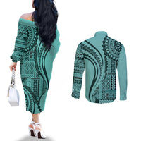 Samoa Siapo Arty Couples Matching Off The Shoulder Long Sleeve Dress and Long Sleeve Button Shirt Turquoise Style LT9 - Polynesian Pride