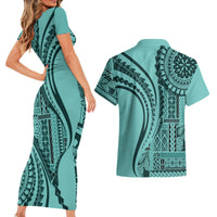 Samoa Siapo Arty Couples Matching Short Sleeve Bodycon Dress and Hawaiian Shirt Turquoise Style LT9 - Polynesian Pride