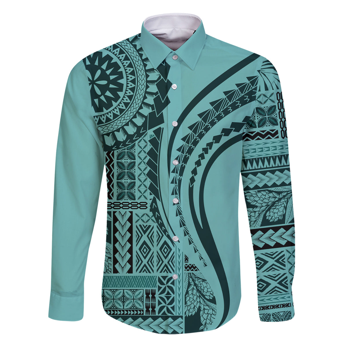 Samoa Siapo Arty Family Matching Long Sleeve Bodycon Dress and Hawaiian Shirt Turquoise Style LT9 Dad's Shirt - Long Sleeve Turquoise - Polynesian Pride