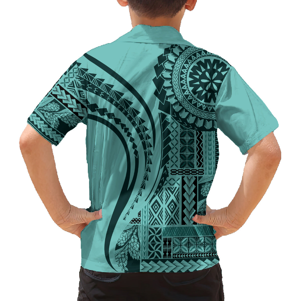 Samoa Siapo Arty Family Matching Off Shoulder Long Sleeve Dress and Hawaiian Shirt Turquoise Style LT9 - Polynesian Pride
